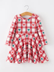 Christmas Girls Candy Cane & Bow Plaid Twirl Dress