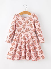 Christmas Girls Gingerbread Print Twirl Long Sleeve Dress