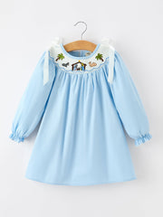 Christmas Nativity Smocked Long Sleeve Girls Dress