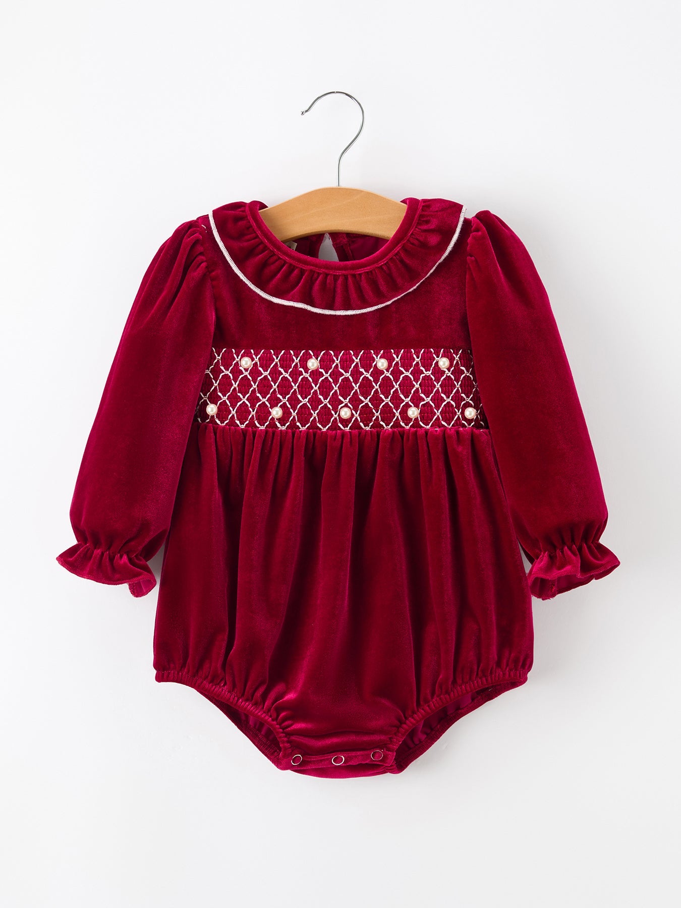 Christmas Velvet Smocked Baby Bubble Romper With Pearl Detail