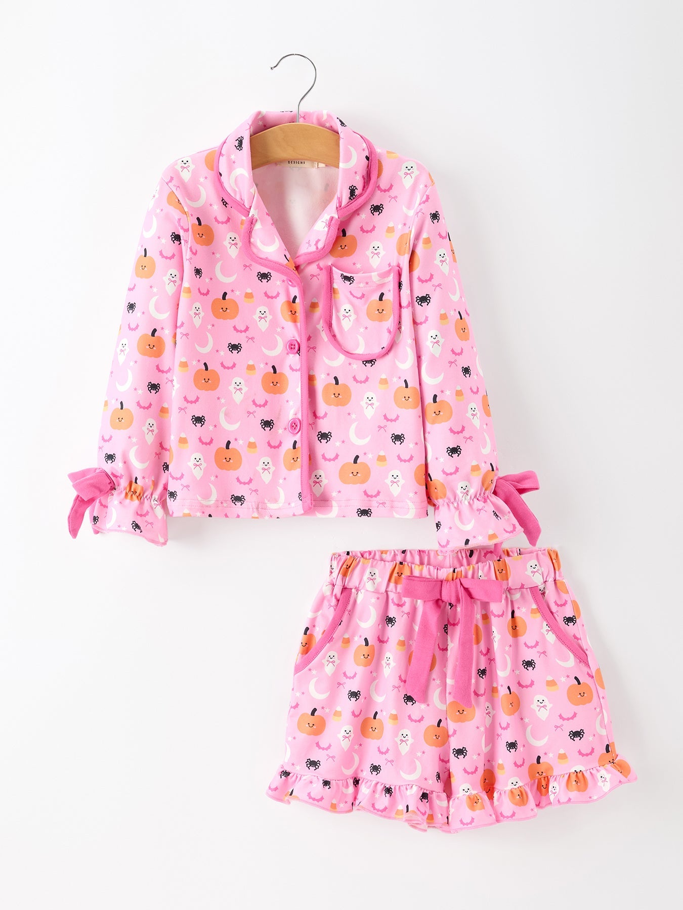 Halloween Pumpkin Ghost Print Girls Pajama Set Long Sleeve Top And Shorts