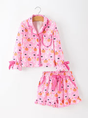 Halloween Pumpkin Ghost Print Girls Pajama Set Long Sleeve Top And Shorts