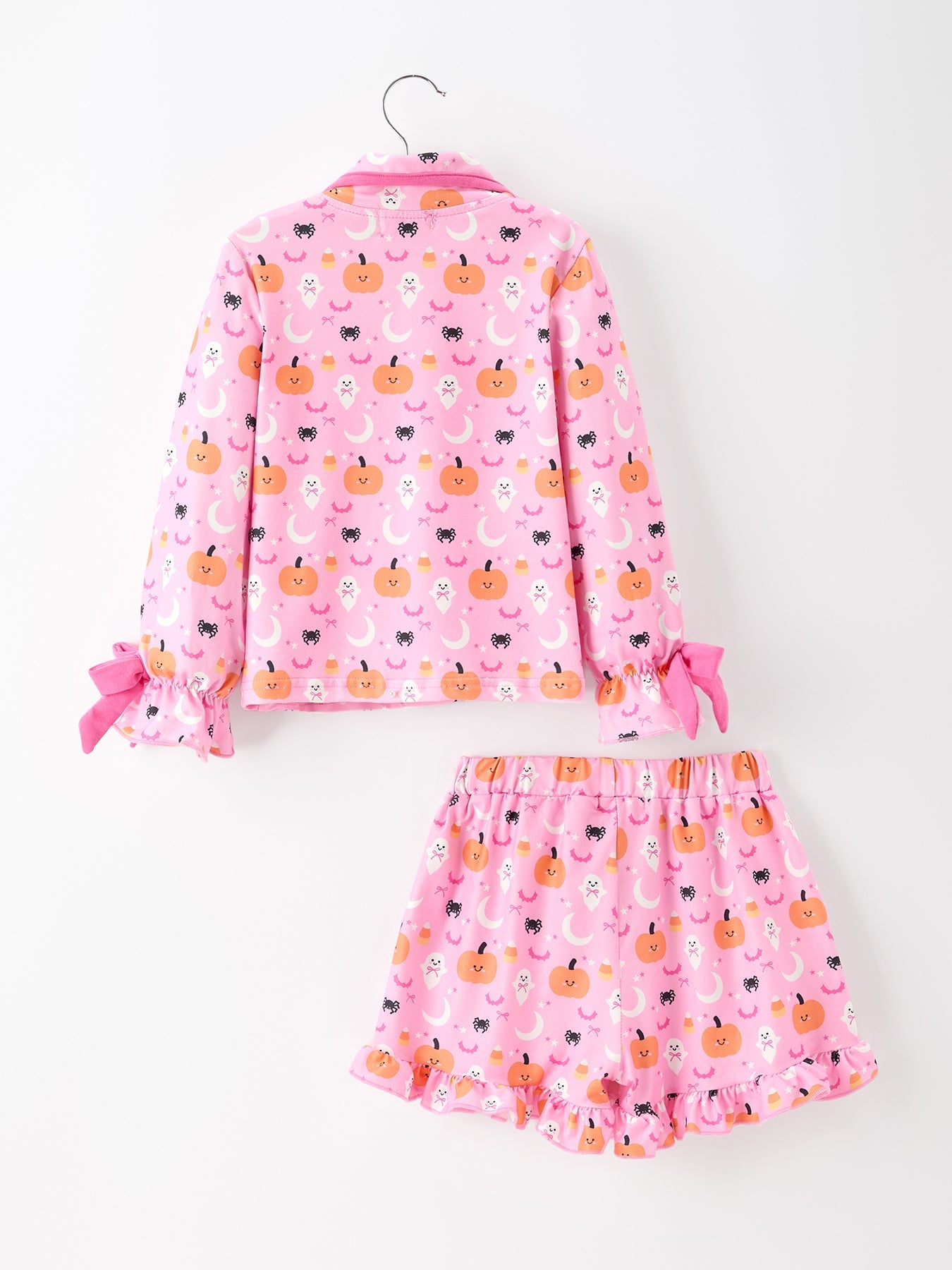 Halloween Pumpkin Ghost Print Girls Pajama Set Long Sleeve Top And Shorts