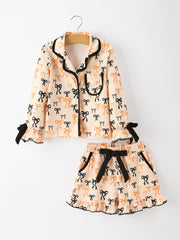 Halloween Bow Print Girls Pajama Set Long Sleeve Top And Shorts