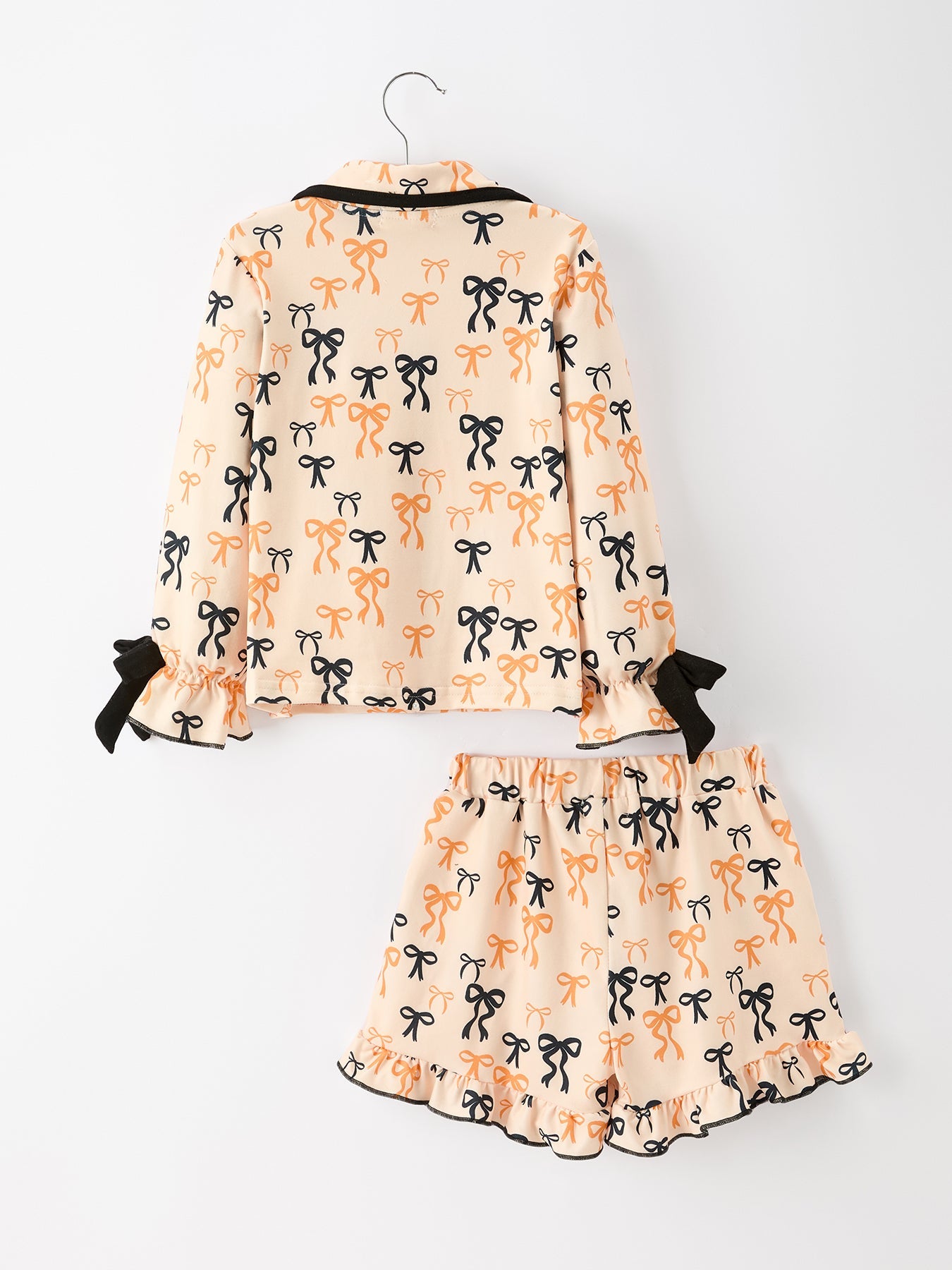 Halloween Bow Print Girls Pajama Set Long Sleeve Top And Shorts