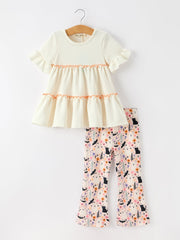 Halloween Black Cat Girls Bell Bottom Pant Set