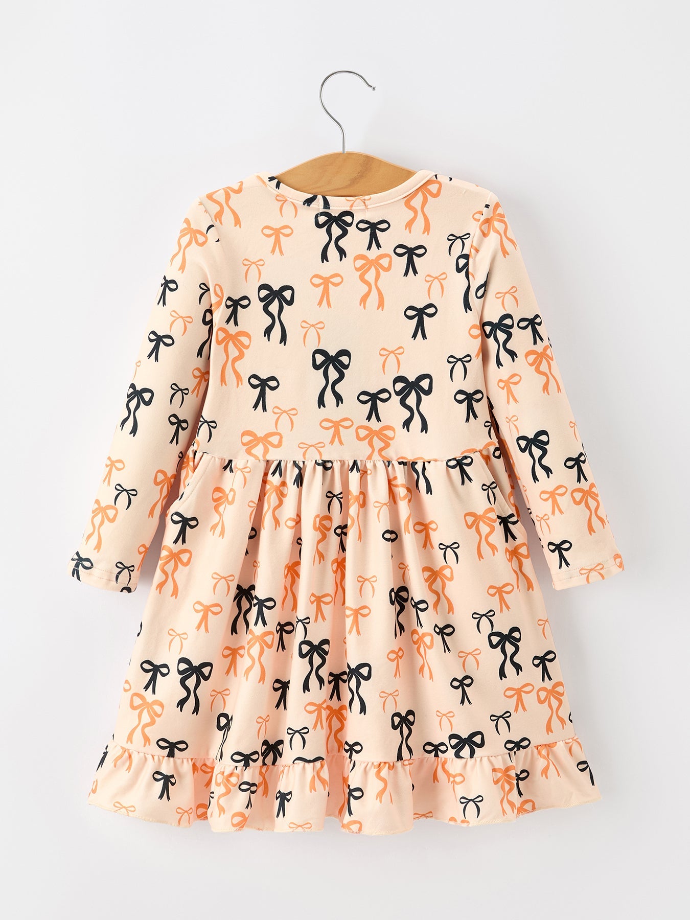 Halloween Bow Print Girls Twirl Dress Long Sleeve With Pockets
