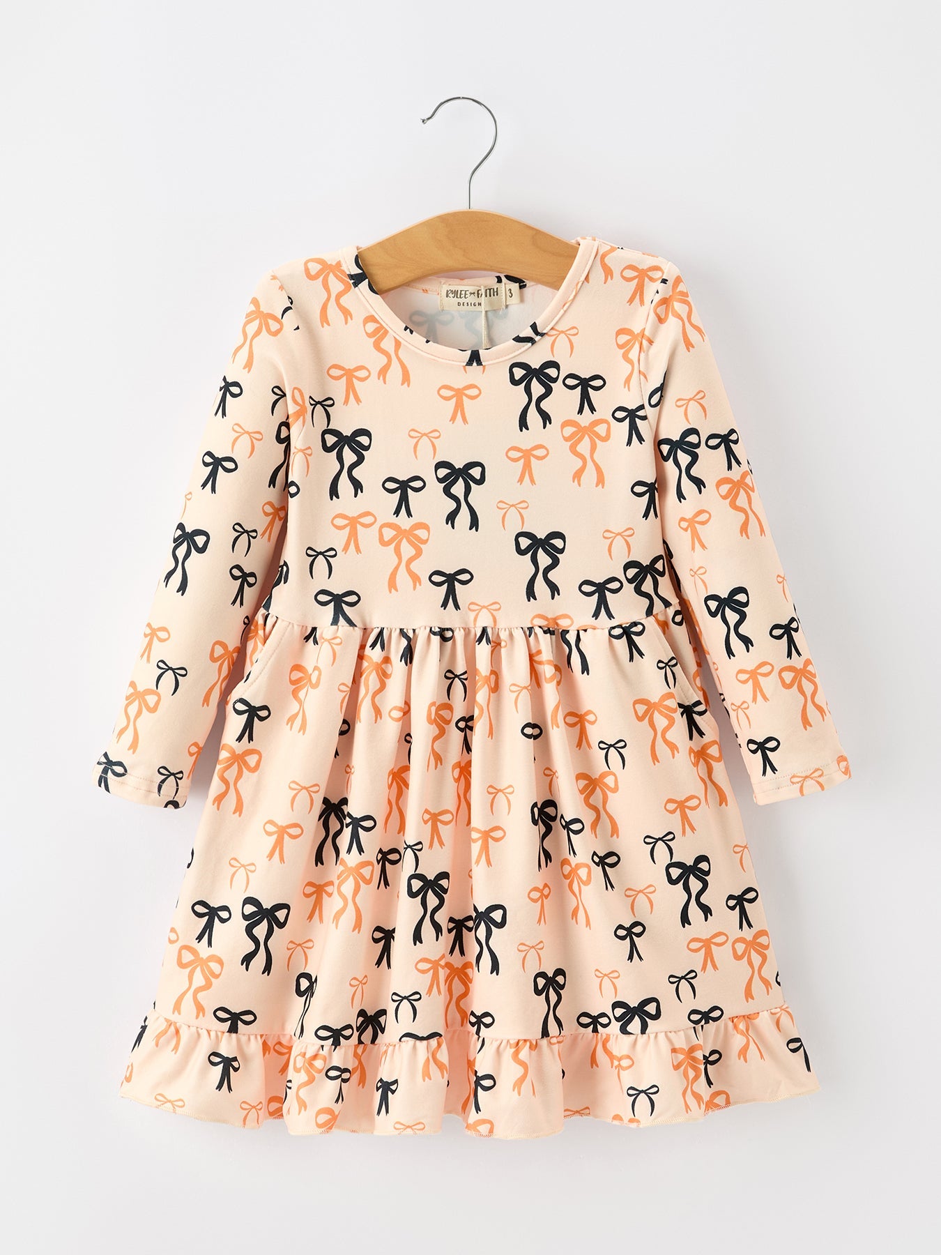 Halloween Bow Print Girls Twirl Dress Long Sleeve With Pockets