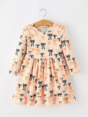 Halloween Bow Print Girls Twirl Dress Long Sleeve With Pockets