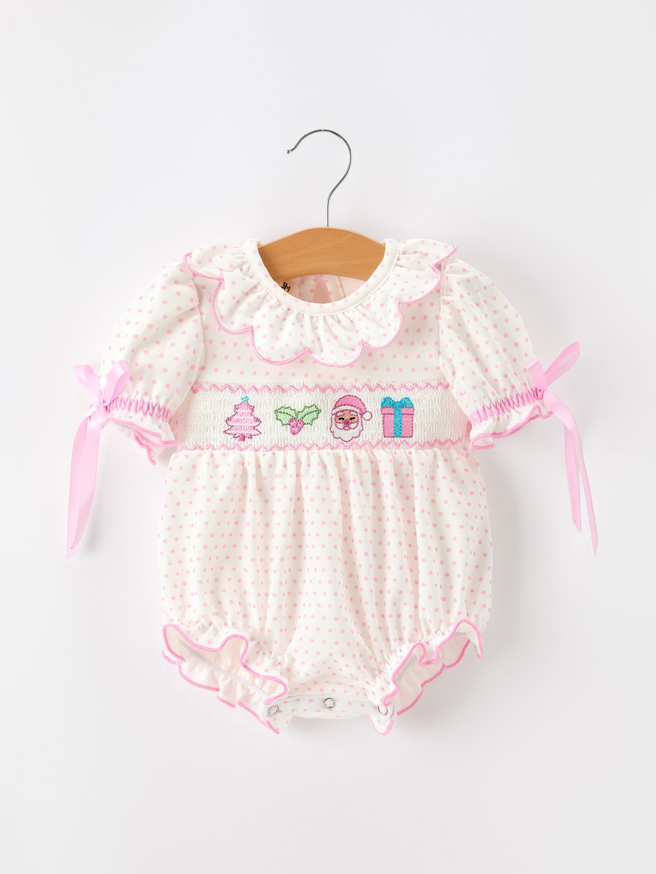 Christmas Smocked Baby Girl Bubble Romper Embroidered Ruffle Collar