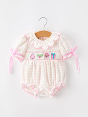 Christmas Smocked Baby Girl Bubble Romper Embroidered Ruffle Collar