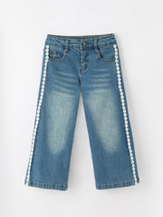 Girls Denim Daisy Lace Trim Wide Leg Jeans