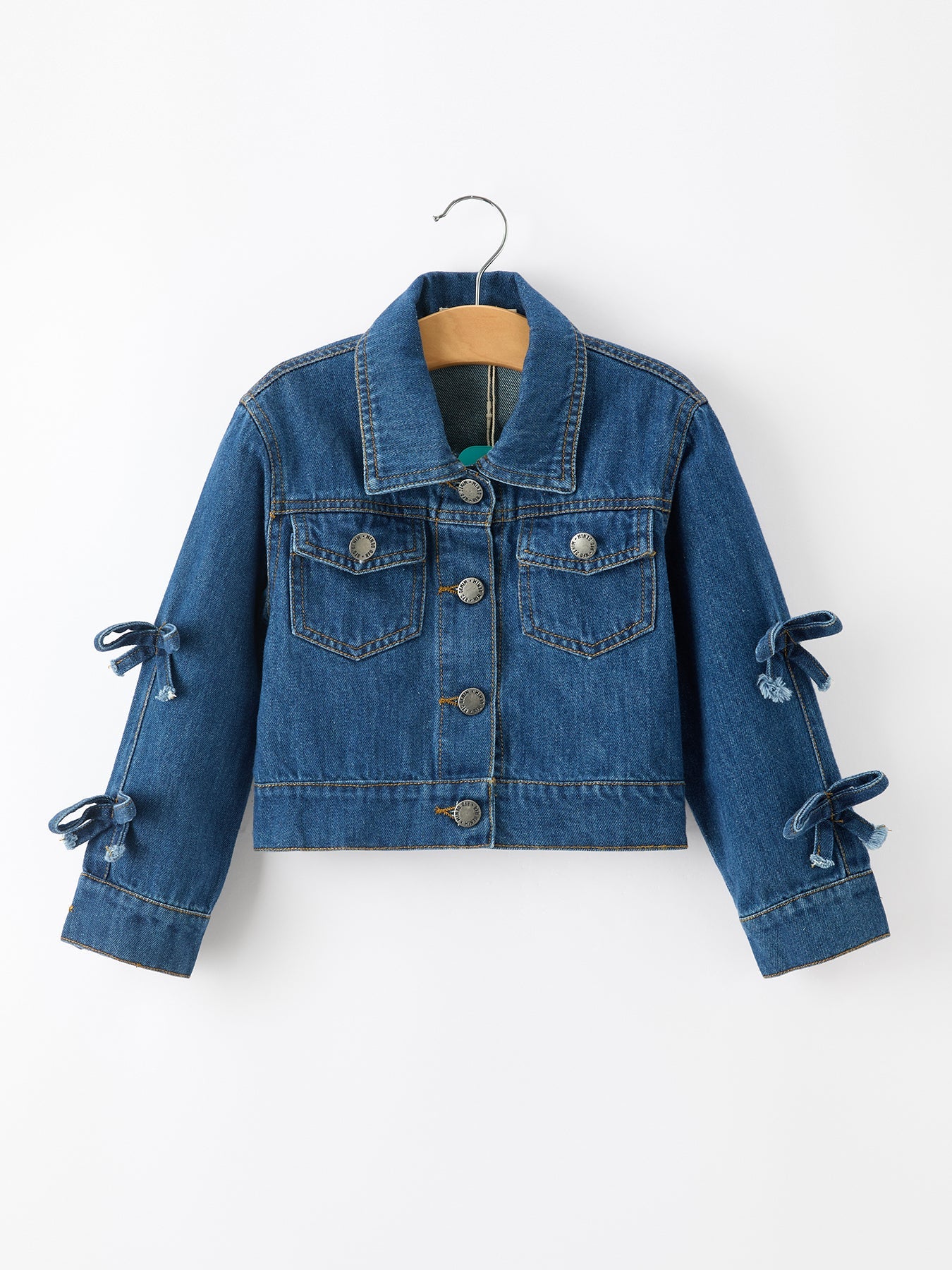 Girls Denim Bow Sleeve Button-front Jacket