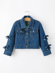 Girls Denim Bow Sleeve Button-front Jacket