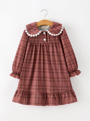 Girls Brown Plaid Lace-trim Peter Pan Collar Dress