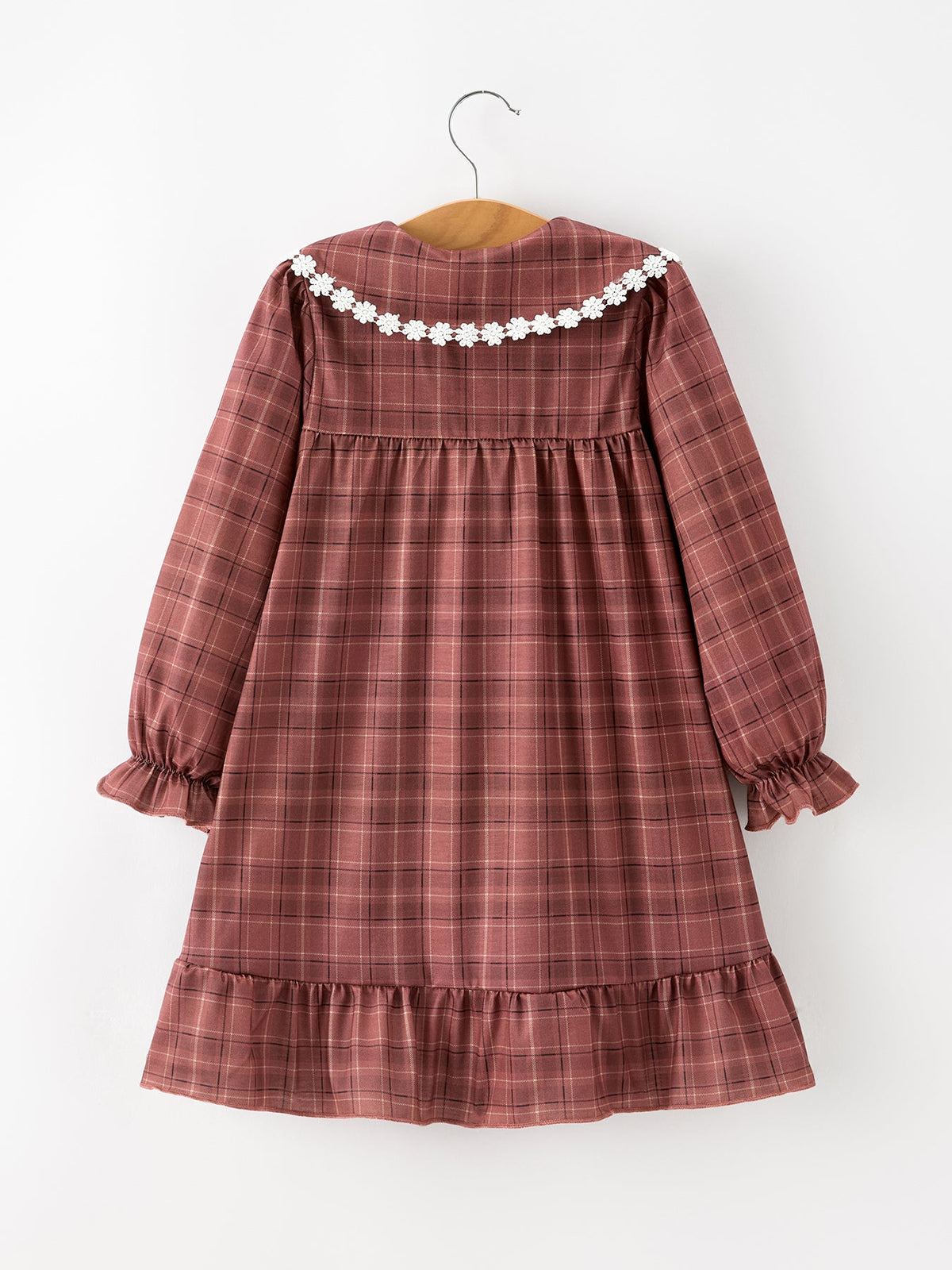 Girls Brown Plaid Lace-trim Peter Pan Collar Dress