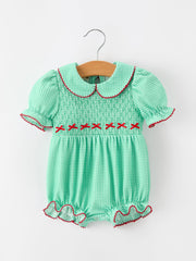 Christmas Girls Green Plaid Smocked Bow Bubble Romper