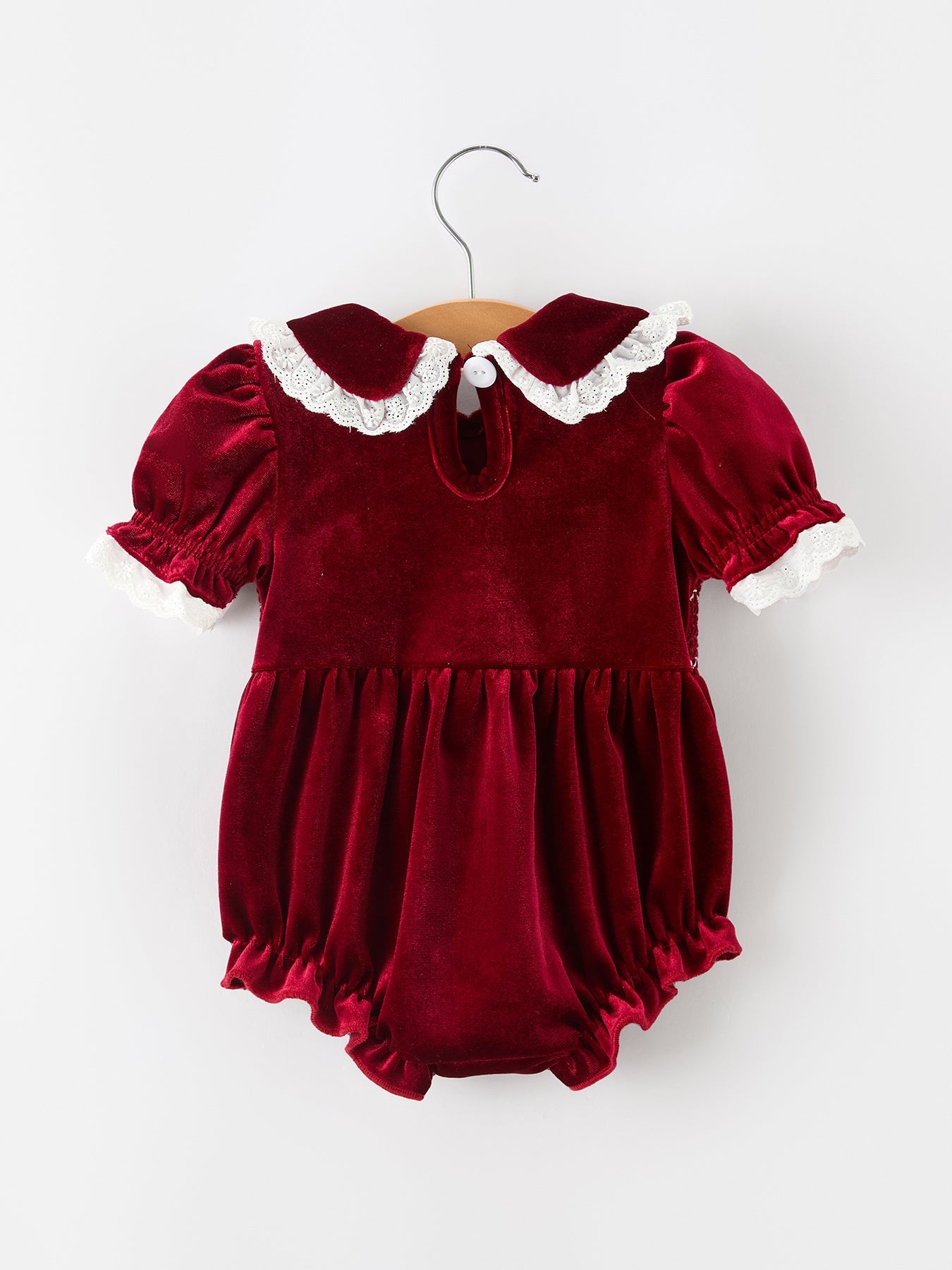 Christmas Burgundy Velvet Baby Girl Smocked Pearl Romper