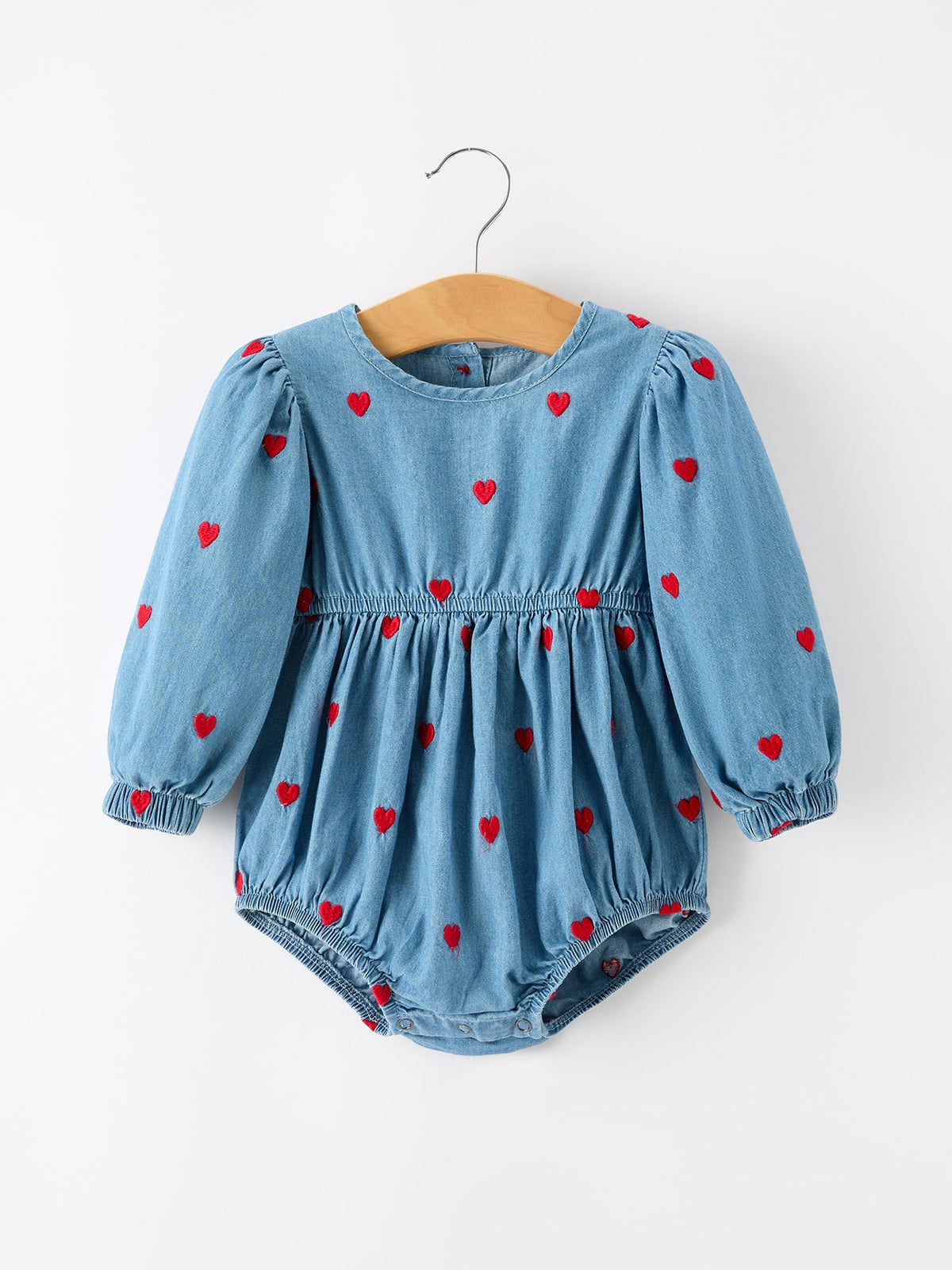 Valentine’s Day Baby Girls Heart Embroidered Denim Bubble Romper