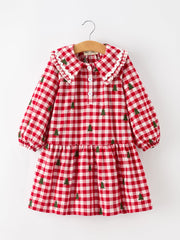 Christmas Tree Embroidered Plaid Girls Ruffle Collar Dress