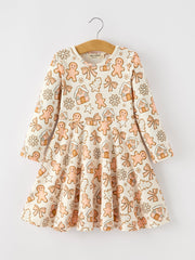 Christmas Gingerbread Cookie Girls Long Sleeve Twirl Dress