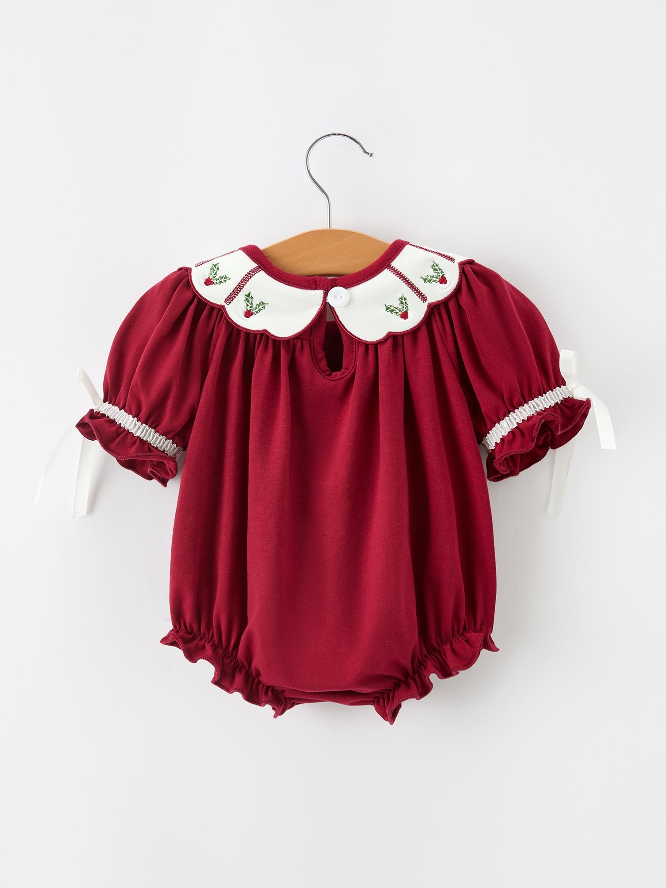 Christmas Holly Embroidered Baby Romper Petals Collar Ruffle