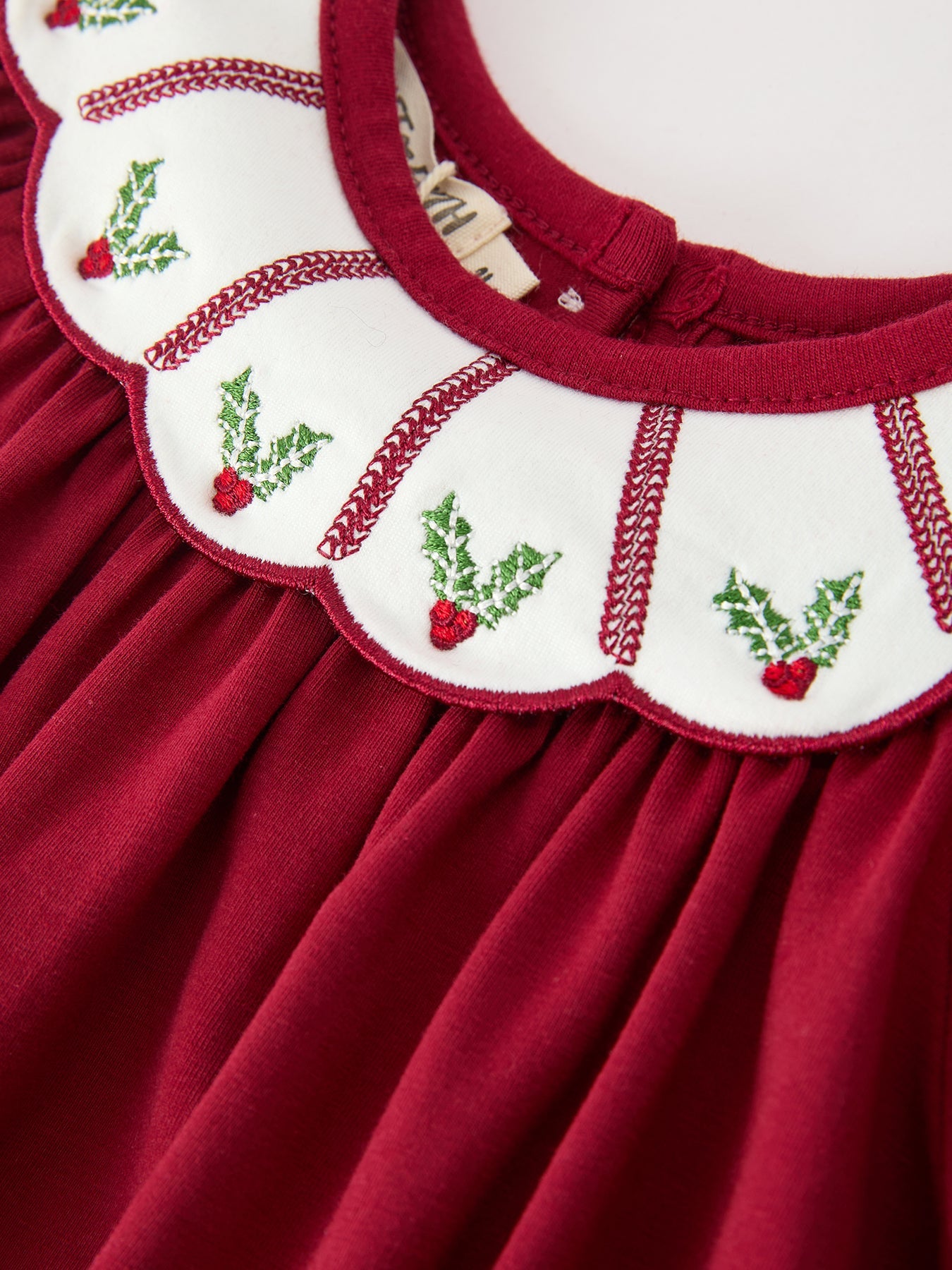 Christmas Holly Embroidered Baby Romper Petals Collar Ruffle