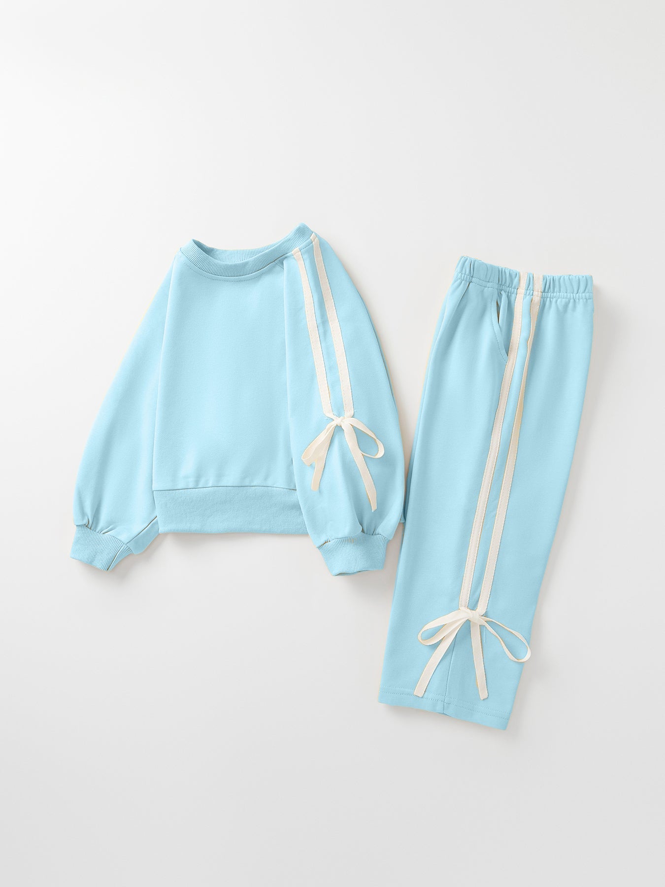Girls Pink Bow Trim Sweatshirt And Pants Set