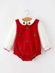 Girls Christmas Tree Embroidered Cotton Top & Corduroy Romper Set