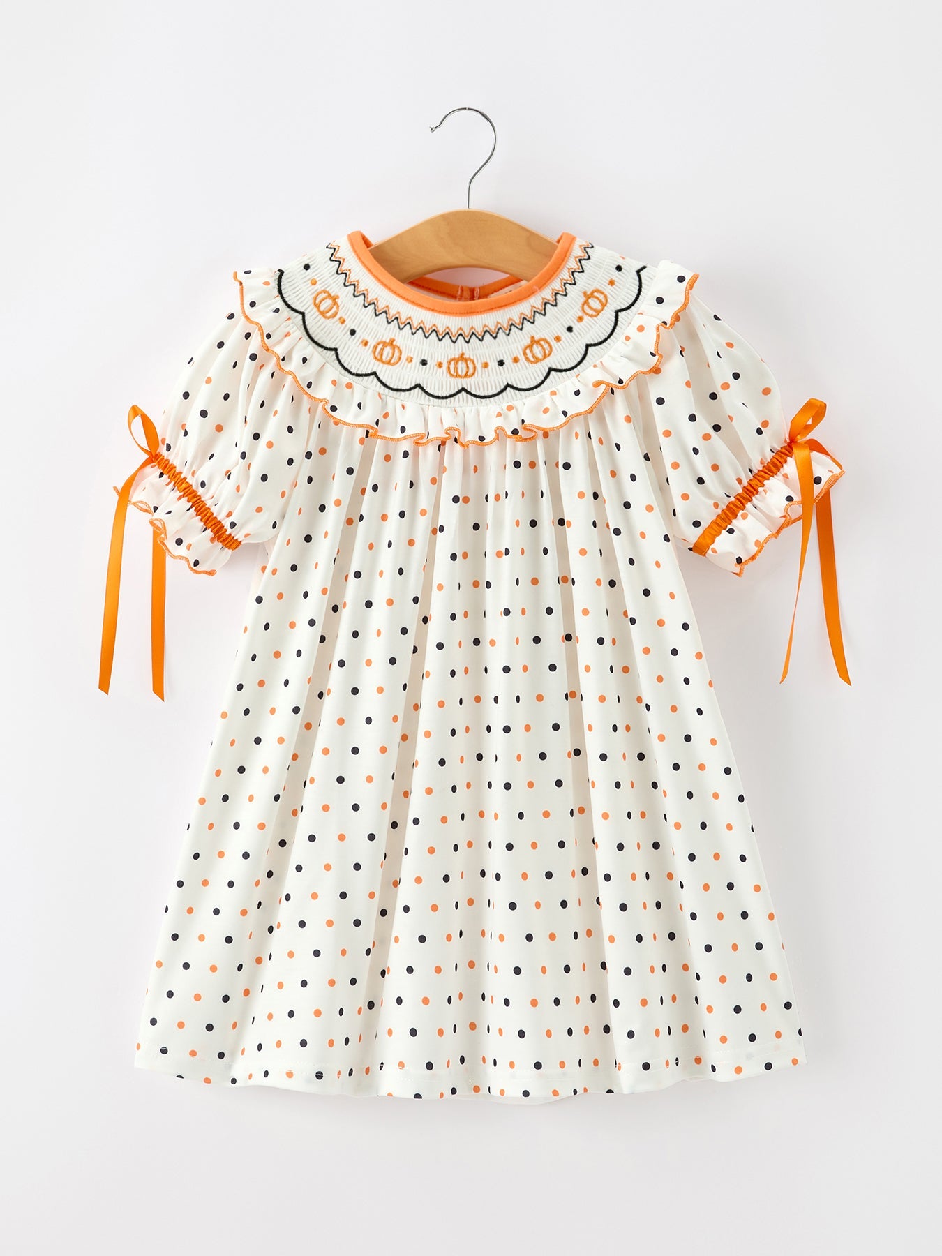 Halloween Pumpkin Smocked Girls Dress Polka Dot Ruffle Sleeve