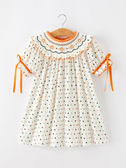 Halloween Pumpkin Smocked Girls Dress Polka Dot Ruffle Sleeve