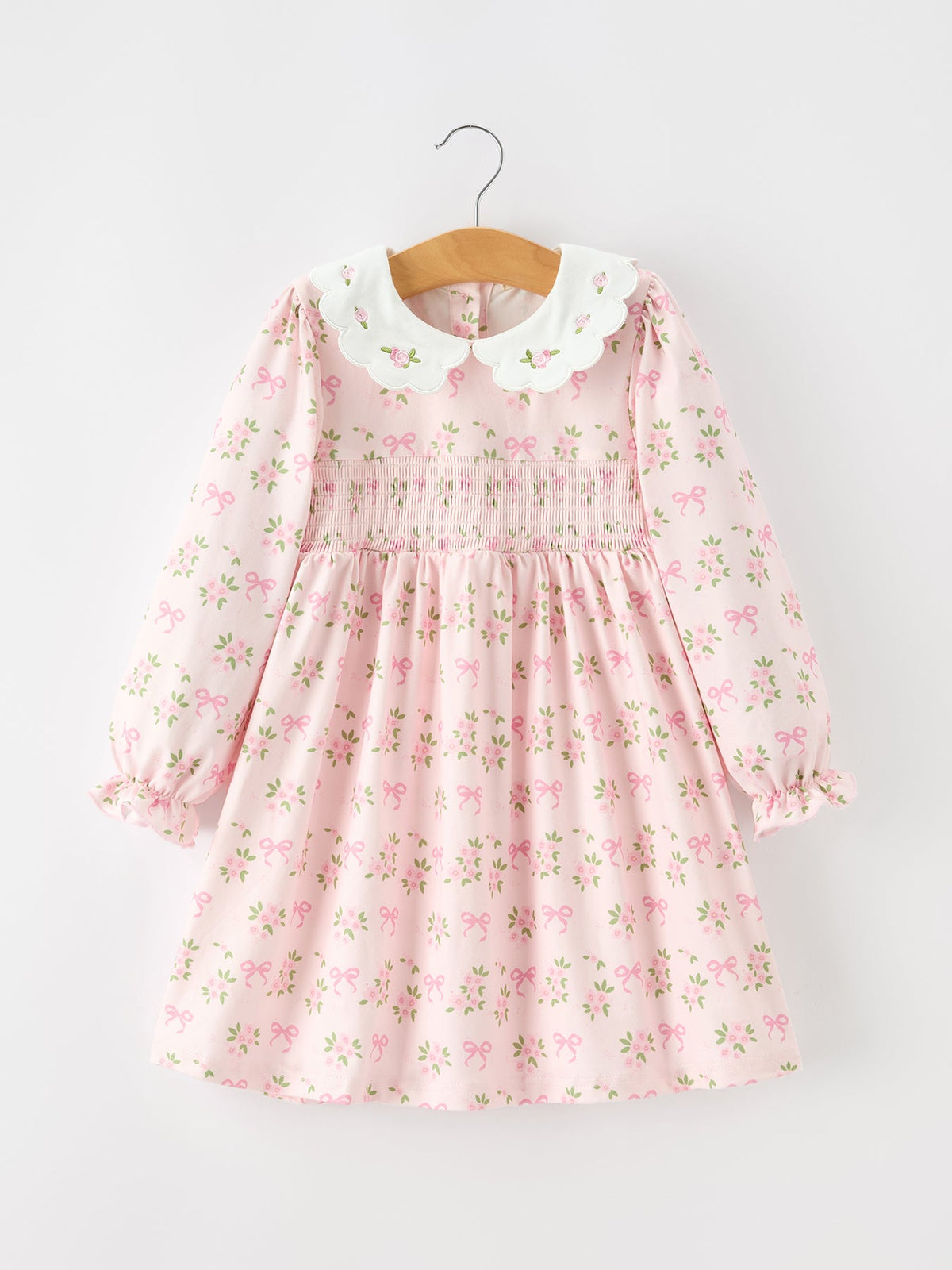 Fall Girls Pink Floral Embroidered Collar Smocked Dress