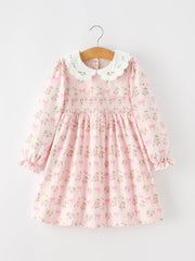 Fall Girls Pink Floral Embroidered Collar Smocked Dress