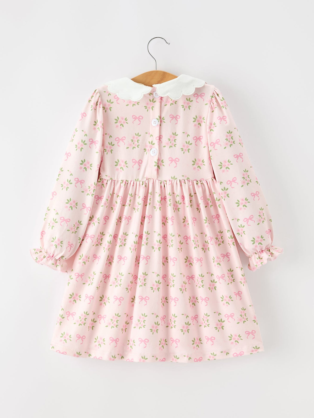Fall Girls Pink Floral Embroidered Collar Smocked Dress