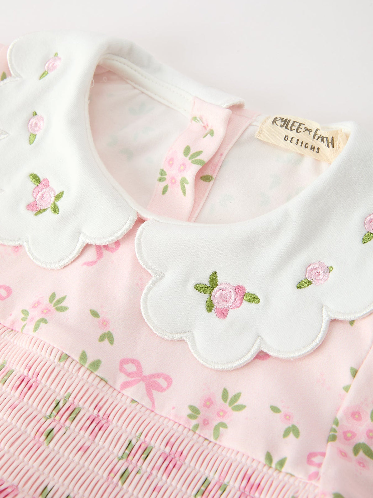 Fall Girls Pink Floral Embroidered Collar Smocked Dress
