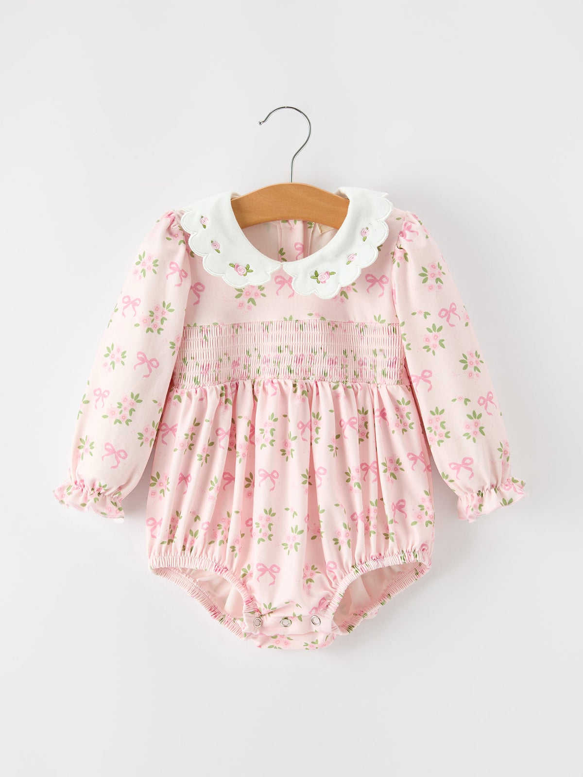 Fall Baby Girls Pink Floral Embroidered Collar Smocked Romper