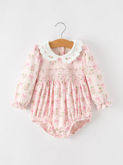 Fall Baby Girls Pink Floral Embroidered Collar Smocked Romper
