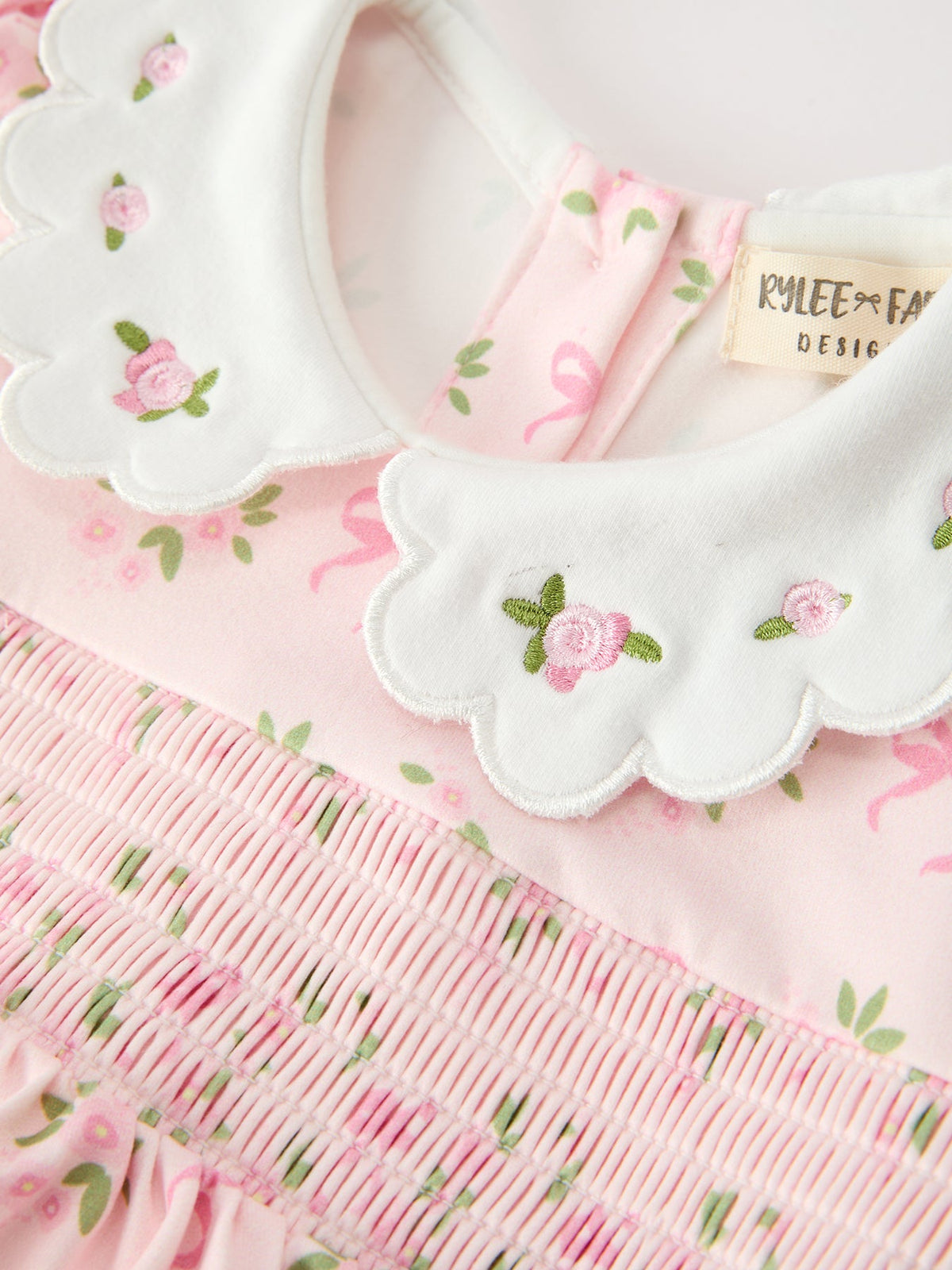 Fall Baby Girls Pink Floral Embroidered Collar Smocked Romper