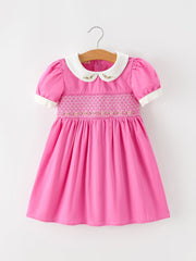 Fall Girls Hot Pink Floral Embroidered Smocked Dress
