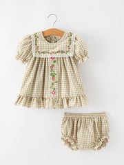 Fall Girls Khaki Plaid Floral Embroidered Bloomer Set