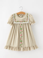 Fall Girls Khaki Plaid Floral Embroidered Dress