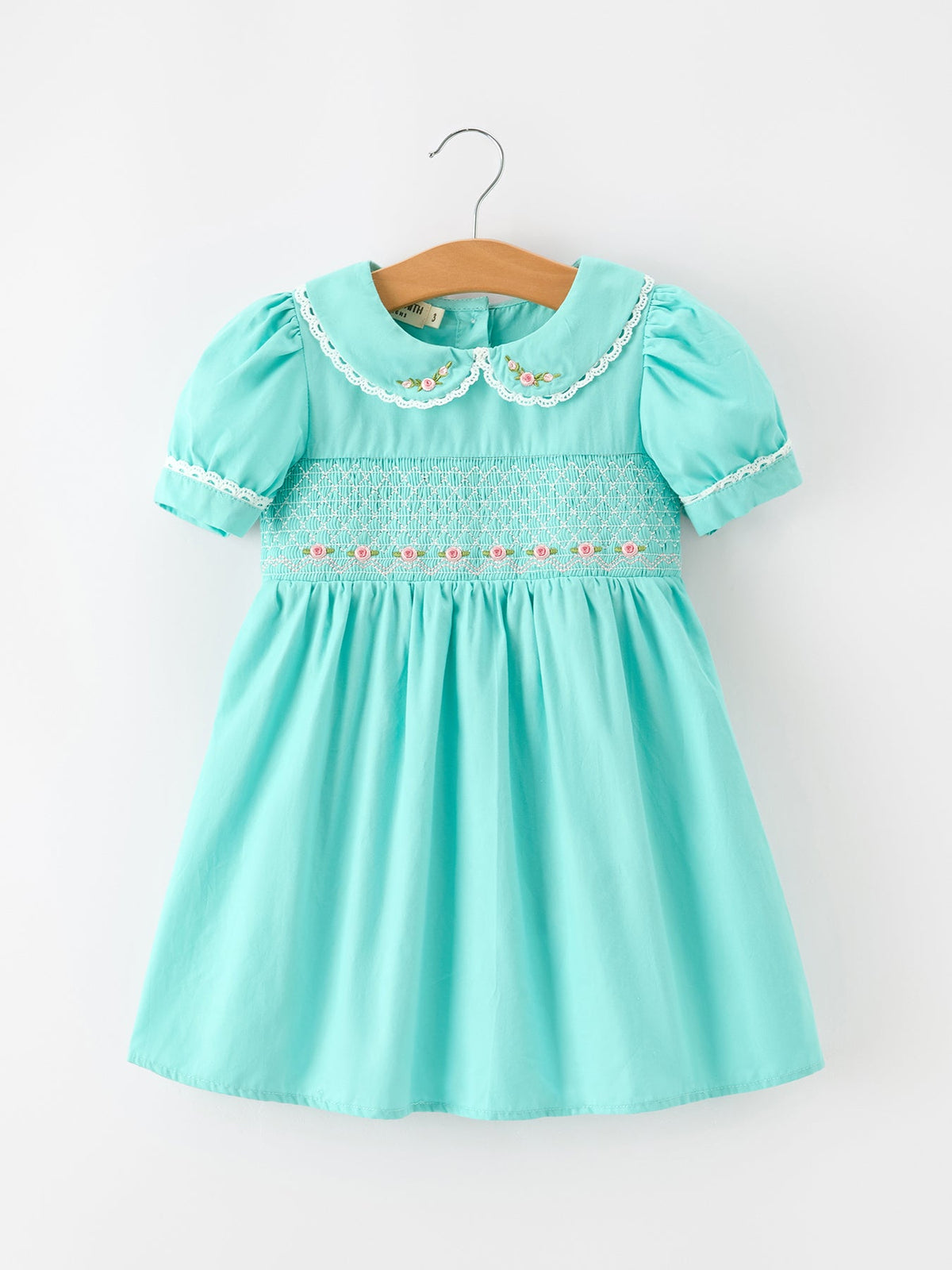 Fall Girls Aqua Floral Embroidered Smocked Dress