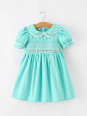 Fall Girls Aqua Floral Embroidered Smocked Dress