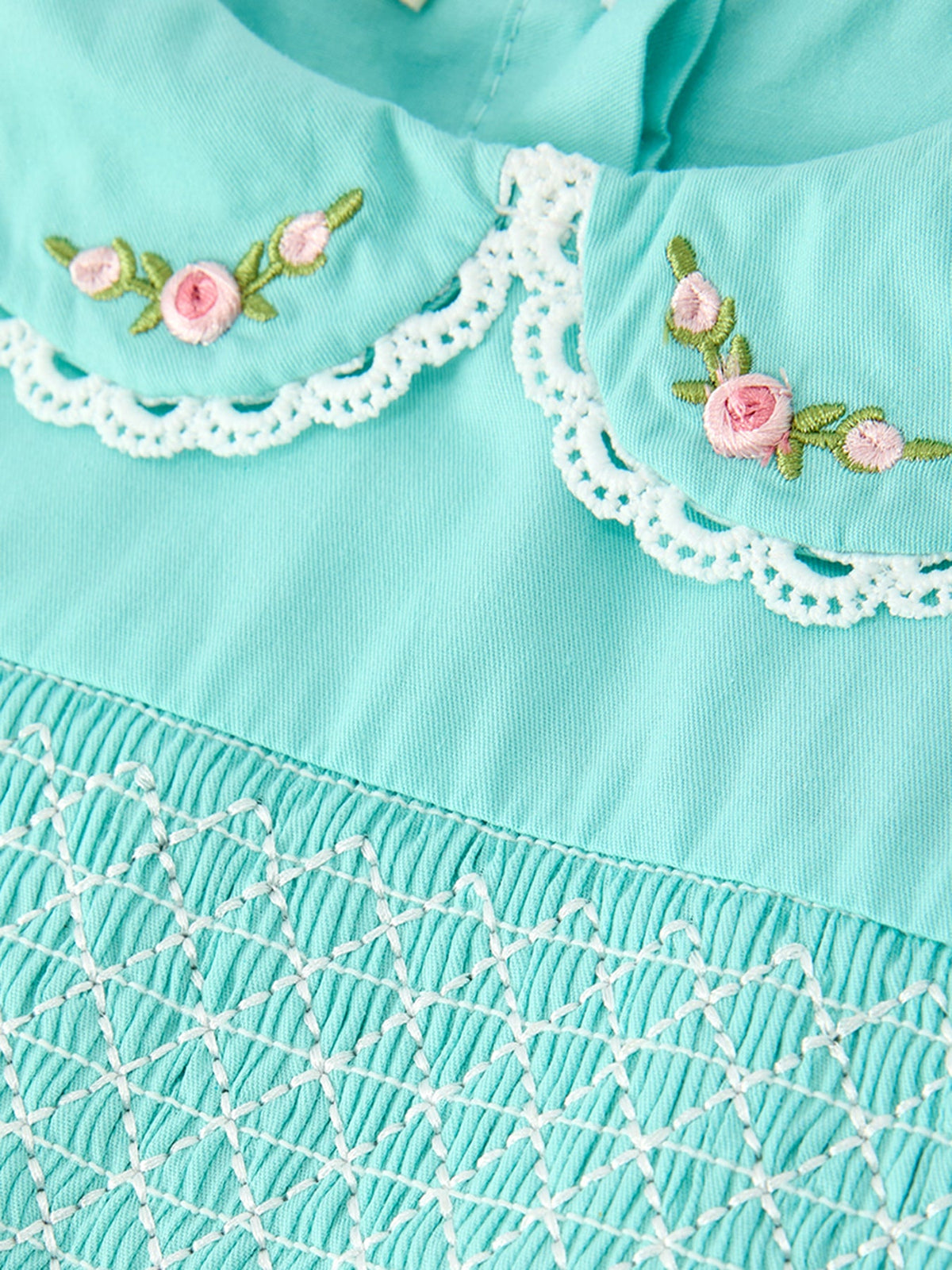 Fall Girls Aqua Floral Embroidered Smocked Dress
