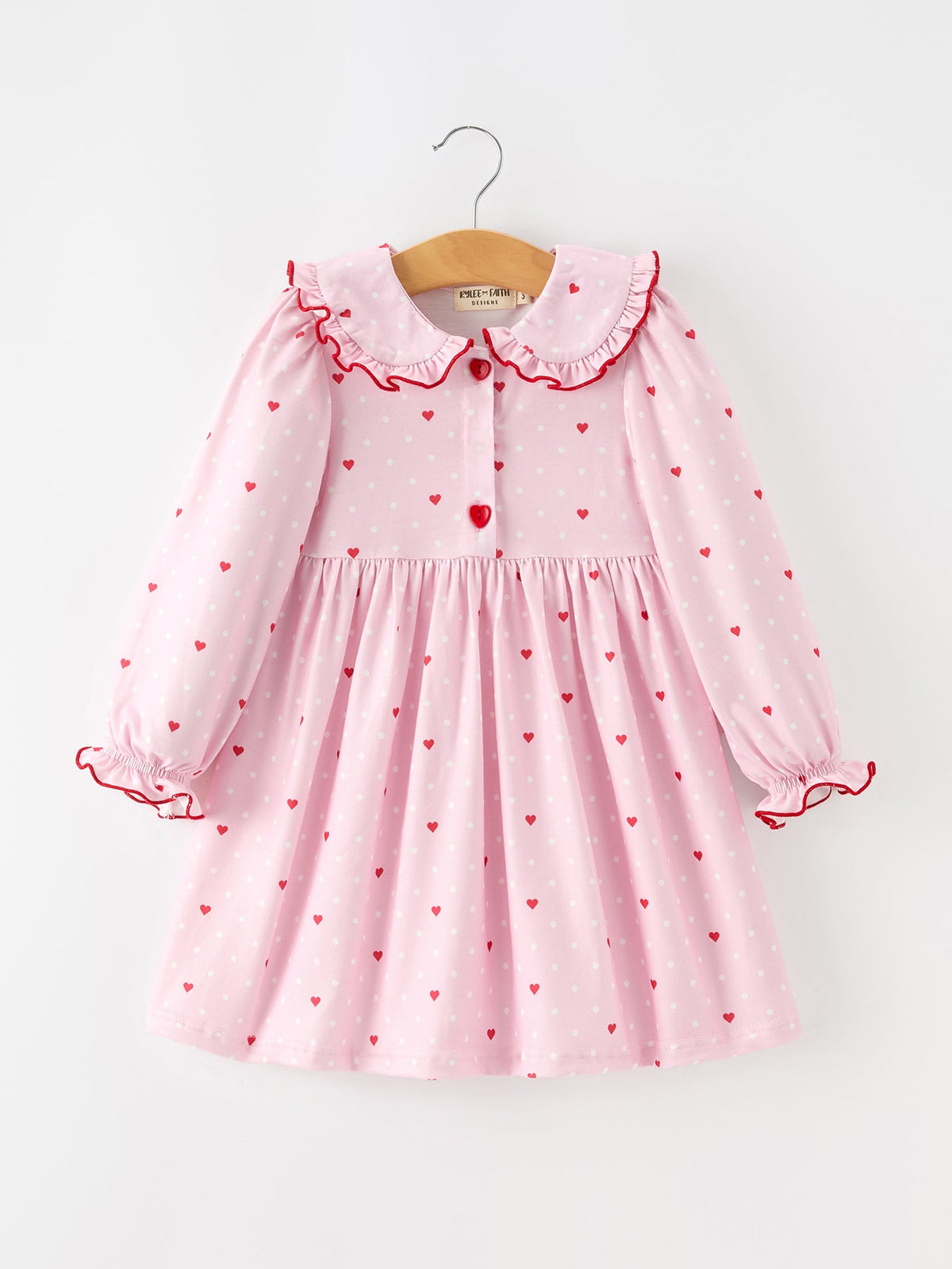 Girls Valentine's Day Pink Heart Print Ruffle Collar Dress
