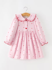 Girls Valentine's Day Pink Heart Print Ruffle Collar Dress