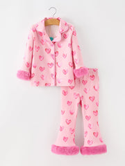 Valentine’s Day Girls Pink Heart Print Faux Fur Trim Pajama Set