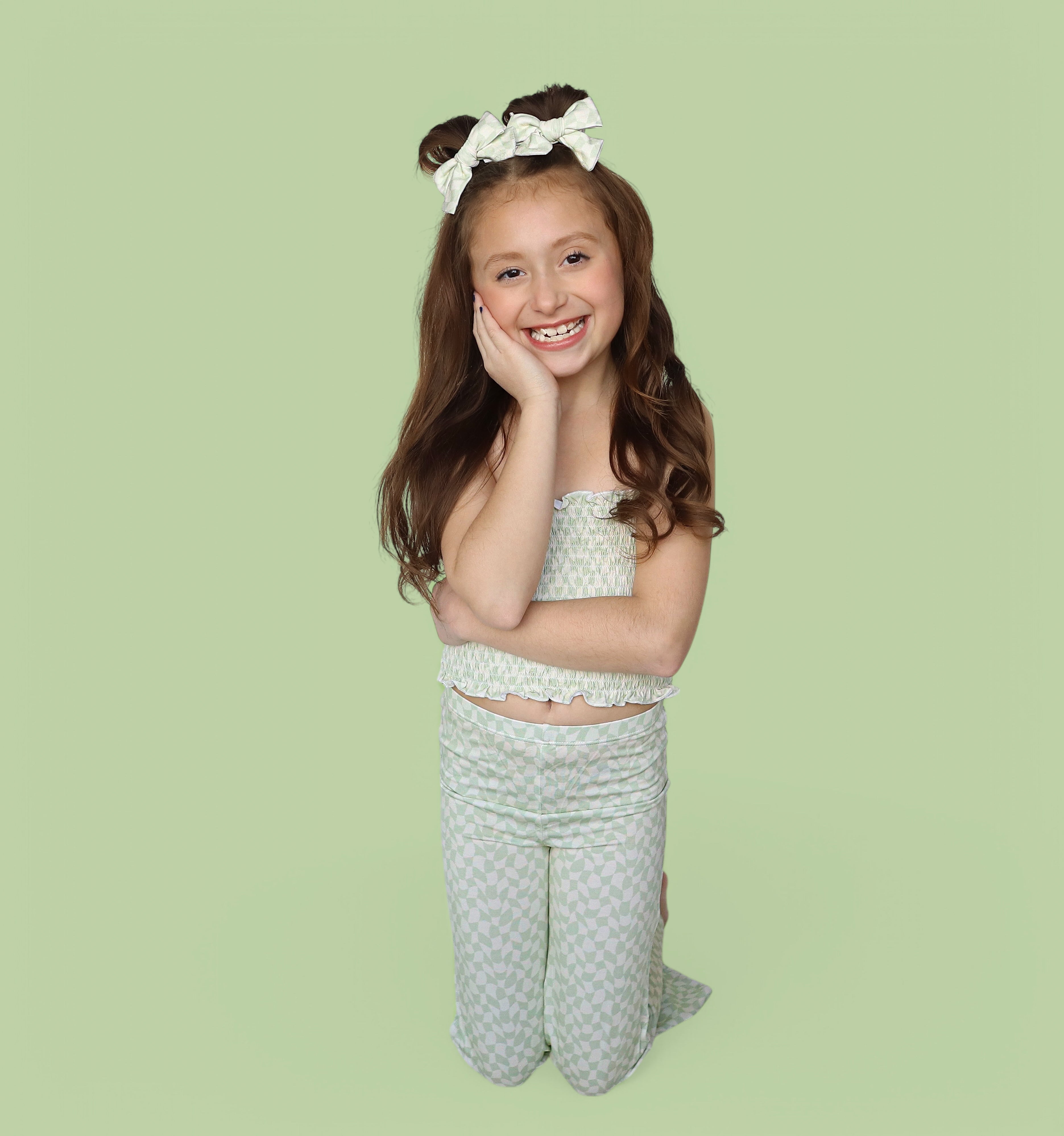 Sage Wavy Checkers Dream Smocked Flare Set