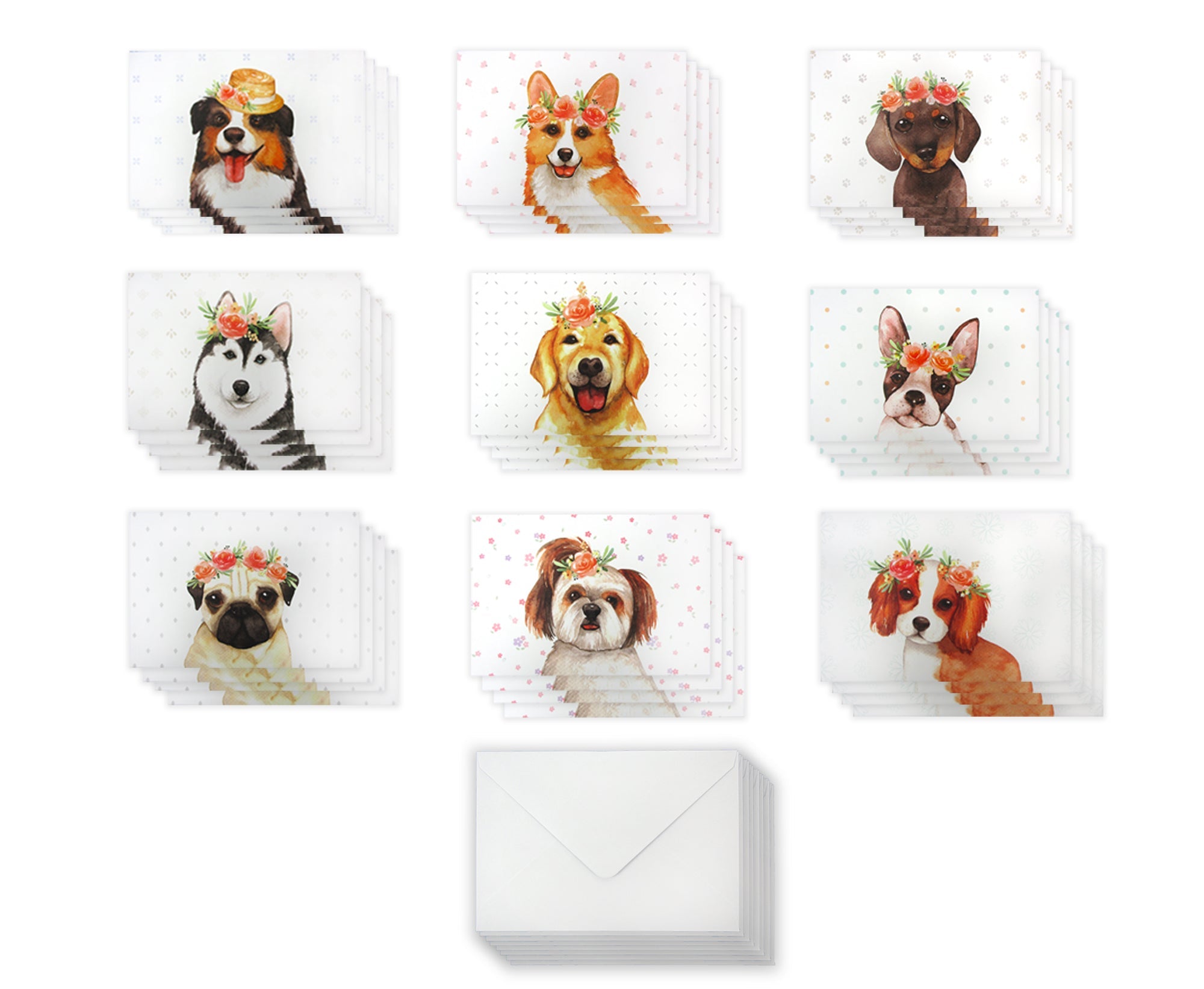 Dogs With Floral Crowns - 36 Pack Assorted Greeting Cards For All Occasions - 9 Design