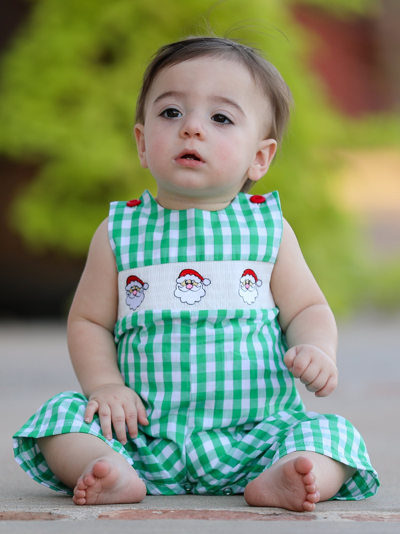 Christmas Santa Claus Smocking Green Plaid Embroidery Baby Boys Romper